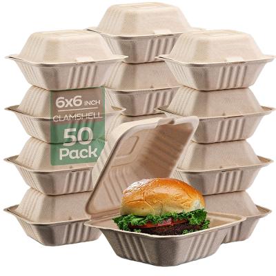 China Disposable Custom Biodegradable Takeout Fries Lunch Fast Food Container 6x6 Inch Bagasse Burger Packaging Sugar Cane Hamburger Box for sale