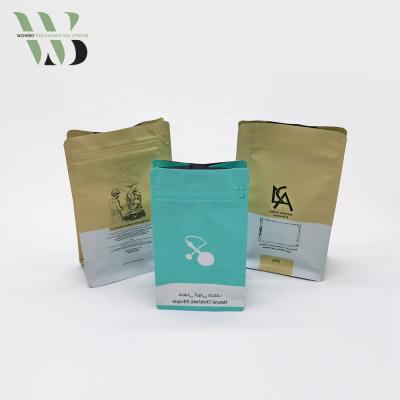 China Wholesale Custom Printed 250g Gusset Recyclable Stand Up Pouch Ziplock With Valve Zipper Block Bottom Flat Coffee Packaging Bag for sale