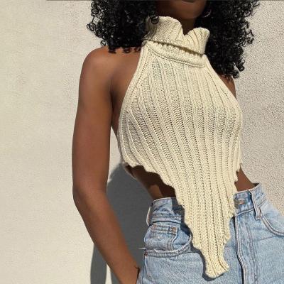 China Women's Fashion Tops Fashion Solid Color Tortoise Sleeveless Halter Casual Knitted Backless Tank Tops New for sale