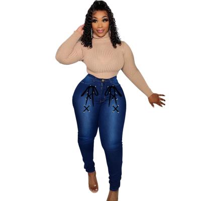 China New Design Breathable Pants High Waist Denim Bandage Pants Women Plus Size Jeans Pencil Pants Mid Waist Customized Size 2pcs Breathable for sale