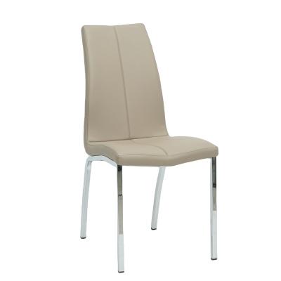 China PU Dining Chair Modern Dining Chair High Back PU Beige High Quality Leather Chair With Chrome Legs for sale