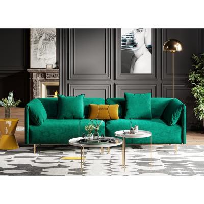 China Soft luxury modern living room muebles furniture tufed fabric upholstered green fabric 2 seaters living room sofas with gold legs for sale