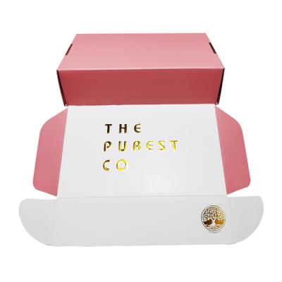 China Recycled Materials Gold Foiled Mailer Boxes Custom Shipping Box With Embossed Logo For Packing Used Gift Boxes In Pink Color for sale