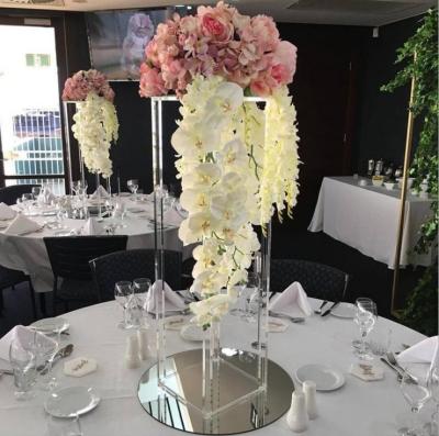 China Home Decoration Wedding Decoration Acrylic Wedding Flower Stands White Wedding Table Flower Stands Plastic Wedding Flower Stand With Metal Plate Top for sale