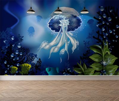 China Modern custom blue bedroom wallpaper Undersee decor 3d jellyfish 3d wallpaper home murals living room wallpaper for sale