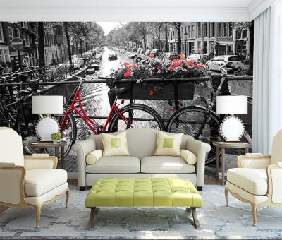 China Red Retro City Self-adhesive View Wall Mural PVC Bicycle Flower Wallpaper Mural Red Sticker for sale