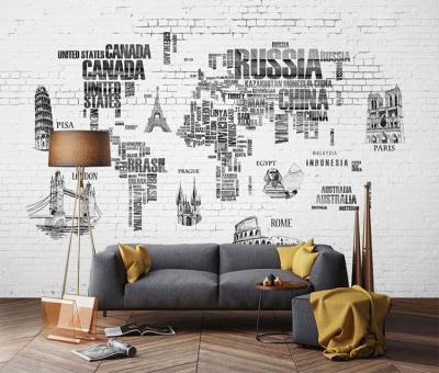 China Hand Drawn Nordic Country World Map Wallpaper Designs White Brick 3d Wallpaper Home Decoration for sale