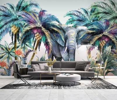 China Country living room 3d wallpaper animal wall wallpaper tropical plant elephant coconut tree designer mural wallpaper for sale