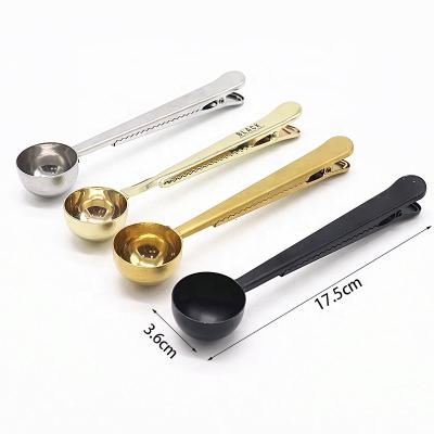 China Viable Stainless Steel Dosing Food Bag Clips With Long Hand Teaspoon Scoop With Clip for sale