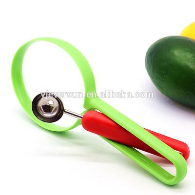 China Viable Creative Plastic Stainless Steel 2 in 1 Watermelon Melon Peeler Slicer Baller Fruit Scoop Spoon for sale