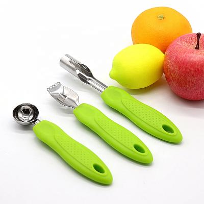 China Sustainable Stainless Steel Kitchen Instrument Set Melon Fruit Baller Apple Hollow Puncher Peeler With Plastic Handle for sale