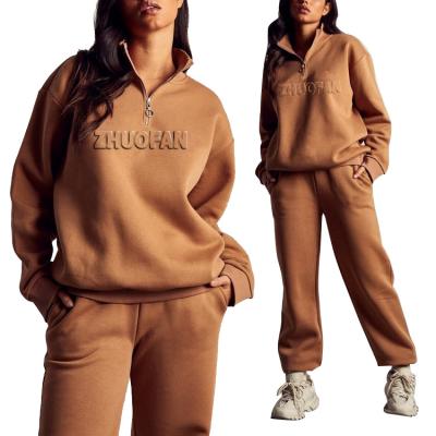 China OEM Tracksuits Logo Cotton Polyester Embossed Casual Half Zipper Anti-Pilling Jogging Sportswear Custom Pullover 2 Boom Seat Set For Women for sale