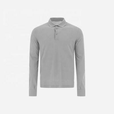 China Gray Sports Cotton Breathable Regular Fitted Long Sleeve Golf Single Button Tying Logo Men's Polo Shirts Custom Made for sale