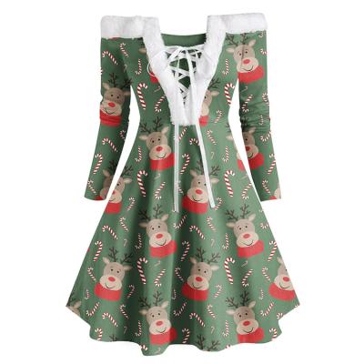 China Anti-Static Midi Dress for Party Maxi Dress Christmas Ball Gown Women's Retro Christmas Plush Neck Long Floral Dress Ladies for sale