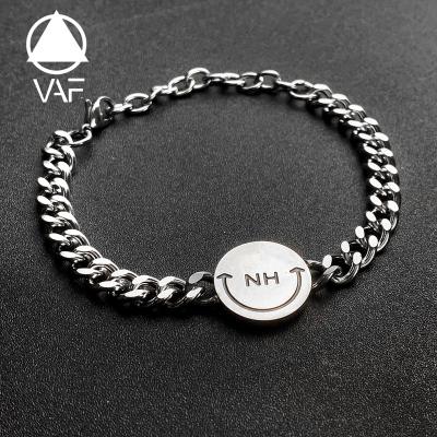 China VAF Punk Customized Engraved Smiley Face Cuban Link Bracelet Men's Women Women Logo Letter Name Bracelet For for sale