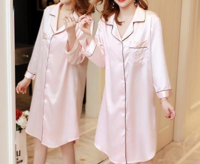 China Home service simple and fashionable season comfortable V-neck cardigan lapel Easter breathable silk daytime satin pajamas for sale