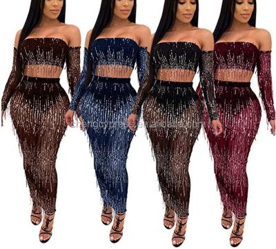 China Summer Breathable 2 Pieces Set Mesh Off Shoulder Bling Glitter Tassels Ladies Nightclub Club Wear Women Party Skirt for sale