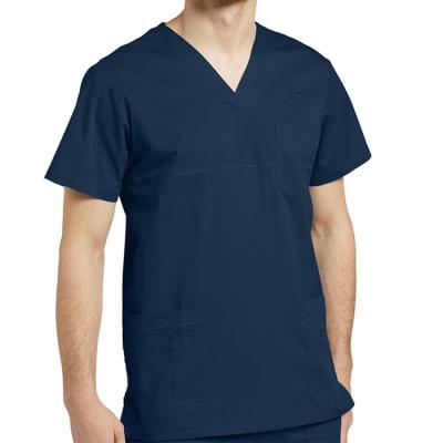 China OEM Medical Service Men's V-Neck Yoke Solid Scrub Top Medical Scrubs Nursing Uniform for sale