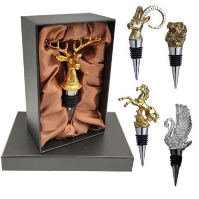 China Viable luxury zinc alloy animal wine stopper metal promotion package animal head shaped wine stoppers with tinestones for sale