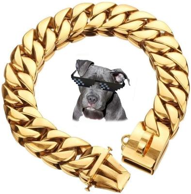 China JEWELED Gold Cuban Dog Chains Heavy Duty Choke With Lock Stainless Steel Metal Chain for sale