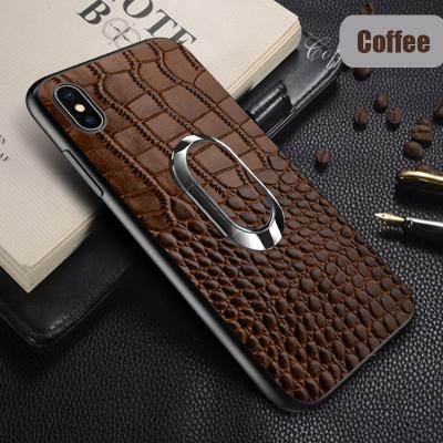 China Coffee Unique Magnetic Ring Crocodile Genuine Leather Phone Cover for iPhone 15 Pro Max for sale