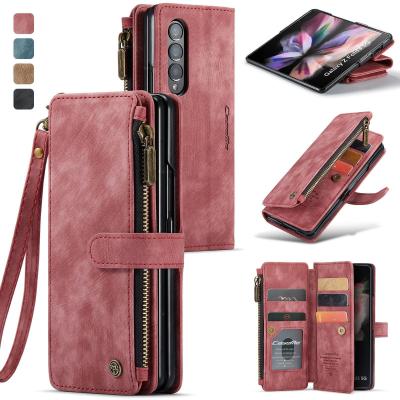 China Vintage Card Wallet Phone Case For IPhone 14 Pro Max And Samsung Z Fold 5 In Red Leather for sale