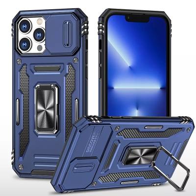 China Kickstand Slide Camera Antishock Phone Back Cover For Iphone 13 14 Pro Max Phone Case With Ring Holder Lens Cover for sale