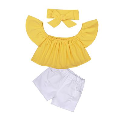 China 2pcs kids casual clothing set tops jeans shorts summer white pink kids cloth sets girls clothes wholesale for sale