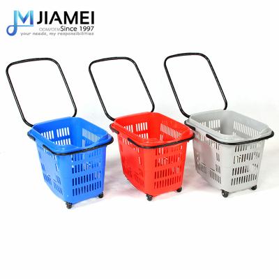 China JIAMEI 34L 40L 50L Store Supermarket/Supermarket Plastic Rolling Baskets With 4 Wheels,Roller Trolley Shopping Baskets for sale