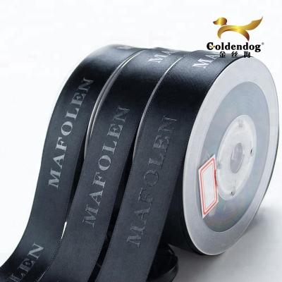 China Wholesale Bright Color Stability Logo Printed Black Polyester Ribbon Satin Custom For Gift Wrapping for sale