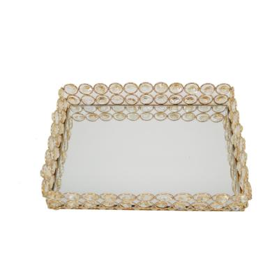 China Hotel nodic home decoration Wedding Cavity Glass Decoratiove Metal Square Serving Crystal Mirror Tray for sale