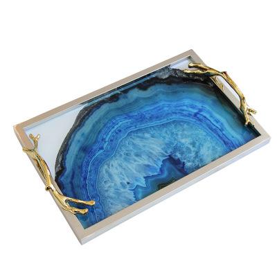 China Modern Blue Agate Gold Iron Glass Tray Handle Decoration Hotel Table Servoing Tray for sale