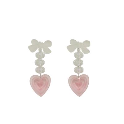 China New CLASSIC Silver Heart Crystal Long Korean Earrings Women Needle Bowknot Pink for sale