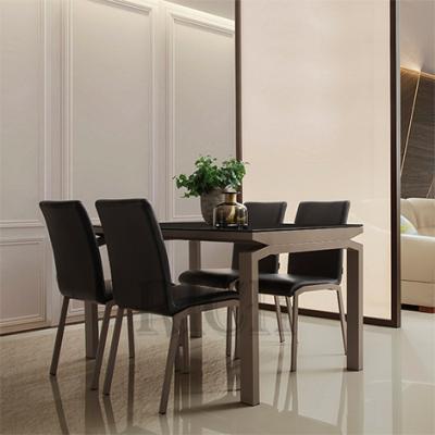 China Furniture 7 Pcs Italian Contemporary Home Glass Dining Table Set Rotating Modern Carbon Steel Leg Tempered Glass Top Dining Table Set for sale