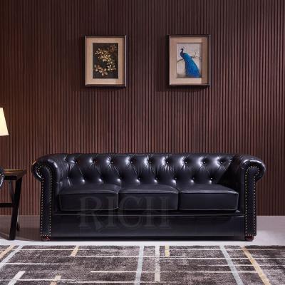 China Chesterfield style vintage couch 3 button modern black Italian leather tufted top leather seater faux grain tufted leather sofa for sale