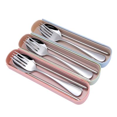 China Durable Portable Reusable Stainless Steel Chopsticks Spoon Fork Cutlery Set With Wheat Box for sale