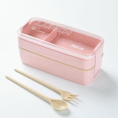 China Custom Logo Portable Reusable Disposable Wheat Straw Lunch Box Kids Tiffin Bento Lunch Box 2 Layers Rectangle Food Container for sale