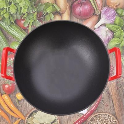 China Best Selling Sustainable Cookware Enamel Coated Cast Iron Wok With Two Ear Handles for sale