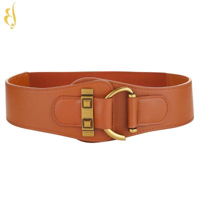 China 79cm Fashionable Women's Wide Elastic Belly Waist Leather Belt With Vintage Gold Buckle for sale