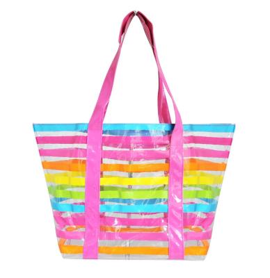 China Fashion Custom Large Capacity Colorful Handbag Tote Shopping Bag Iridescent Clear PVC Beach Bag for sale