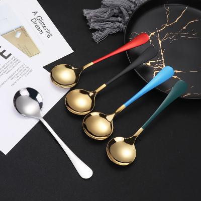 China Viable Hot Korean Silver Gold Paint 410 Handle Stainless Steel Style Single Round Ice Food Serving Spoon Set for sale