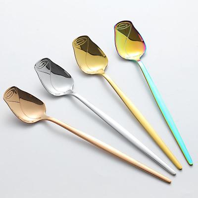 China Viable Silverware Gold Stainless Steel Wedding Palace Grace Gold Brass Pink Rainbow Rainbow Rose Shape Food Coffee Serving Spoon for sale