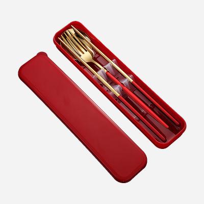 China Portable Portugal Style Stainless Steel 3pcs Spoon Fork Gold Chopsticks Travel School Raising Cutlery Sets With Case Box for sale