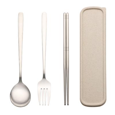 China Viable Korean Style School Office Travel Stainless Steel Silver Spoon Fork Chopsticks Portable Cutlery Set With Case Box for sale