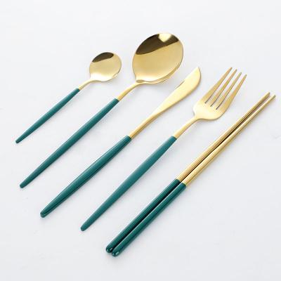 China Brass Gold Stainless Steel Flatware Green Paint Handle Spoon Fork Knife Chopsticks Cutlery Cutlery Sets Viable With 5 Pcs for sale