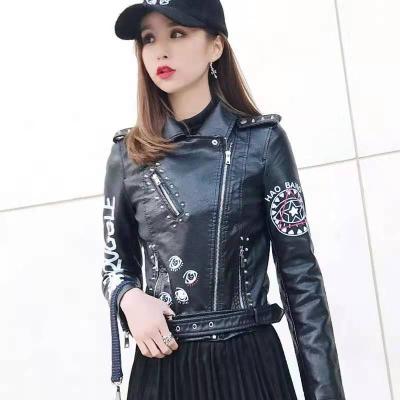 China QUICK DRY Street Graffiti Printing Crazy Color Motorcycle Contrast Pu Leather Cropped Jacket For Woman for sale