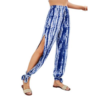 China New Arrival Summer QUICK DRY Women's Side Split Ankle Length Pants Blue Lace Up Harem Pants Casual Pants Women for sale