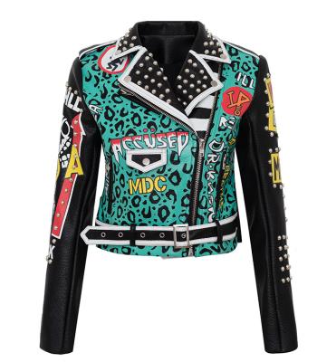 China Other wholesale cheap women graffiti print drop ship style street wear punk women cropped leather jacket for sale