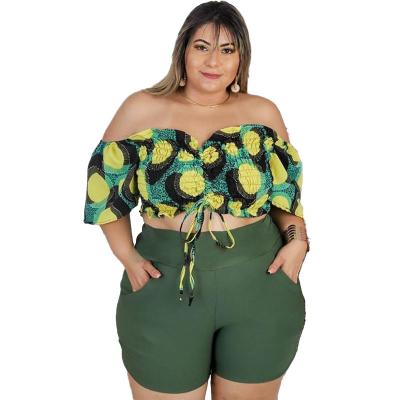 China Amazon viable hot sale off the shoulder womens suits plus size womens clothing crop tops retro shorts two piece set for sale