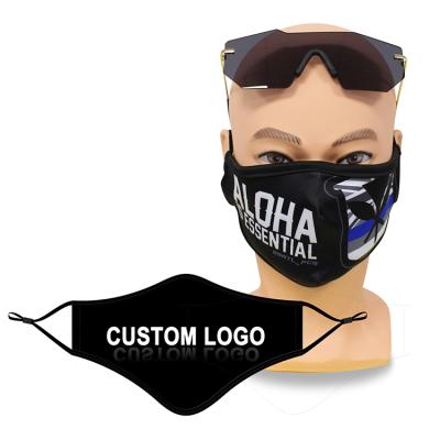 China Black Adjustable Flat Fashion Logo Print Logo Printing Polyester Cotton Cloth Custom Breathable Washable Face Maskes With Elastic Earloop for sale